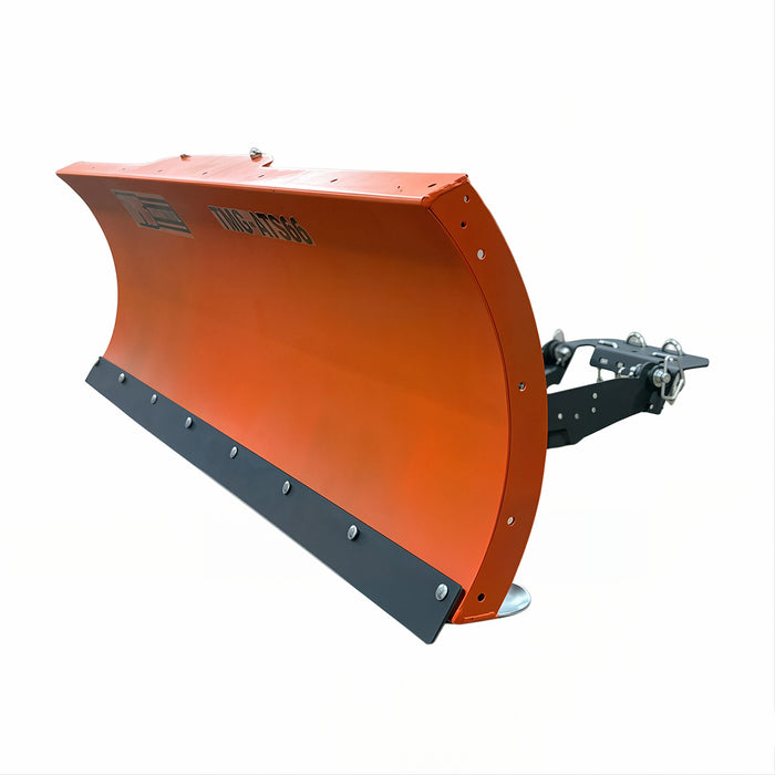 Close angled view of the TMG-ATS66 snow blade showing the curved orange profile, bolted cutting edge and rear mounting arm.