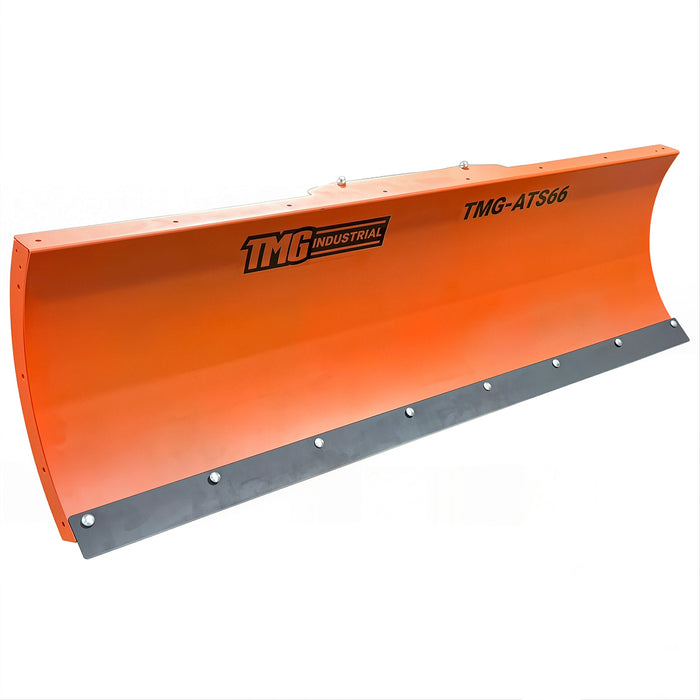 Opposite front angled view of the TMG-ATS66 snow blade showing the orange moldboard, model branding and bolt-on cutting edge.