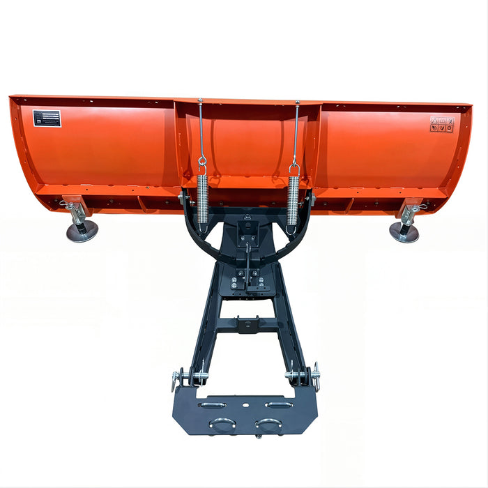 Rear overhead view of the TMG-ATS66 snow blade showing the full mounting frame, twin springs and round skid shoes.