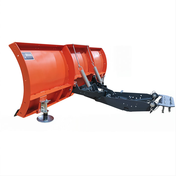 Rear side view of the TMG-ATS66 snow blade showing its reinforced curved blade, return springs, skid shoe and mounting arms.
