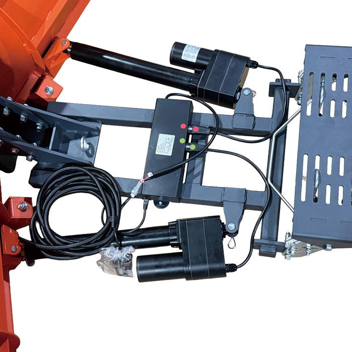 Close-up of the TMG-ATS72 snow blade frame showing dual electric actuators, control box, coiled cable and mounting hardware.