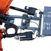Close-up of the TMG-ATS72 snow blade frame showing dual electric actuators, control box, coiled cable and mounting hardware.