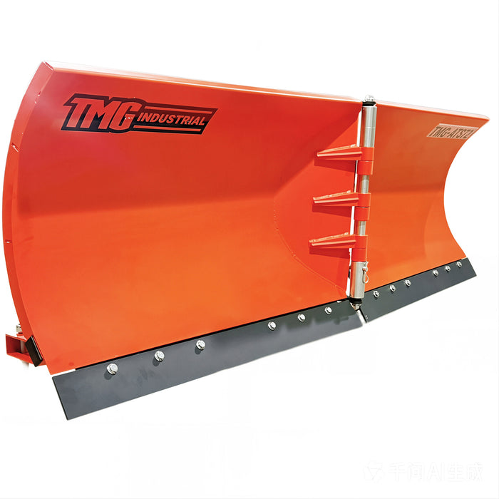 Close front angled view of the TMG-ATS72 V-shape snow blade showing the central hinge, curved orange wings and bolted cutting edge.
