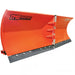 Close front angled view of the TMG-ATS72 V-shape snow blade showing the central hinge, curved orange wings and bolted cutting edge.