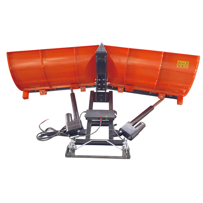Rear view of the TMG-ATS72 V-shape snow blade showing the twin extended electric actuators, control wiring and central mounting frame.
