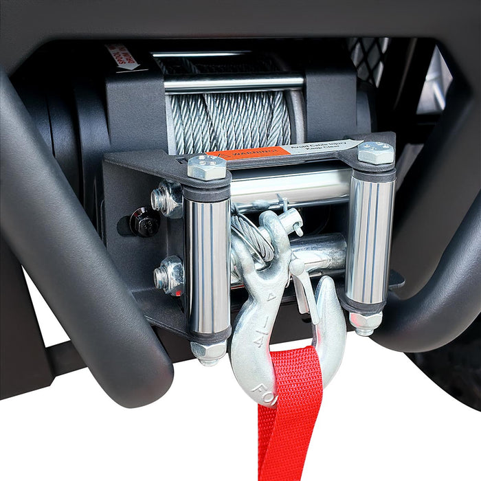 Winch cable, hook, and roller fairlead mounted to ATV front bumper