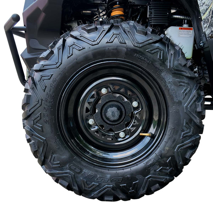 Close-up of aggressive tread and steel wheel on ATV tire