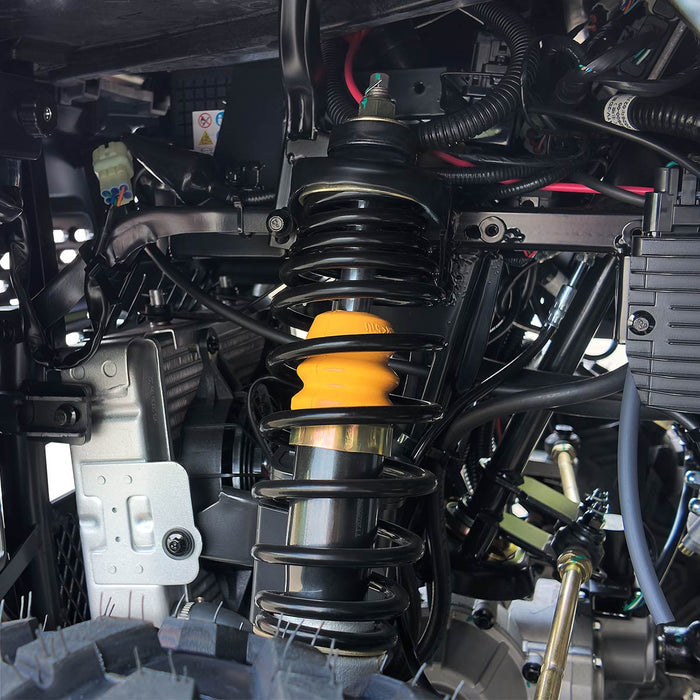 Detailed view of rear suspension and coil spring on ATV