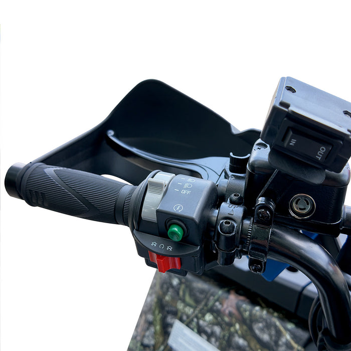 Left handlebar controls, switches, and handguard visible on ATV