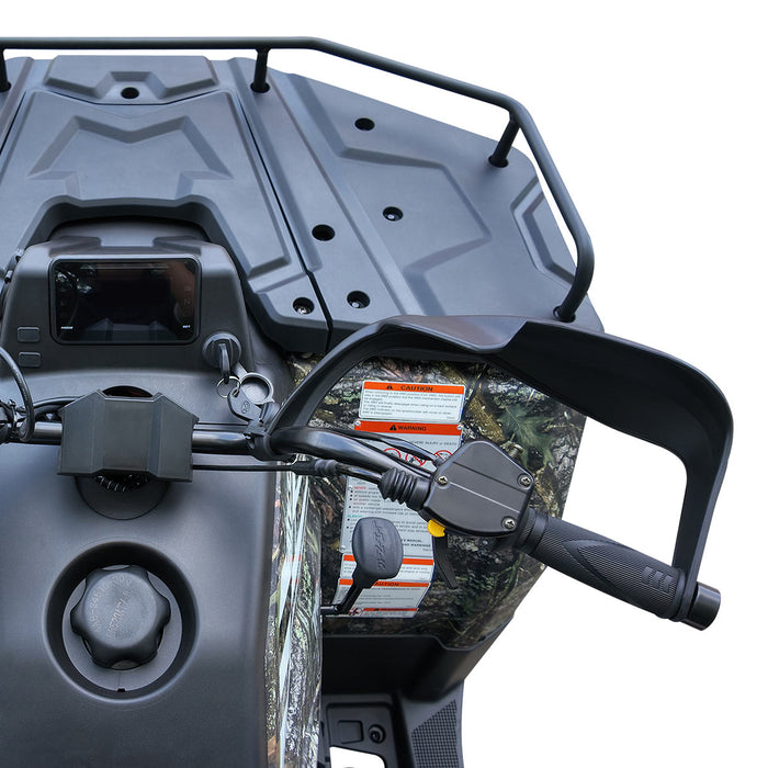 Overhead view of front cargo rack, controls, and fuel cap on ATV