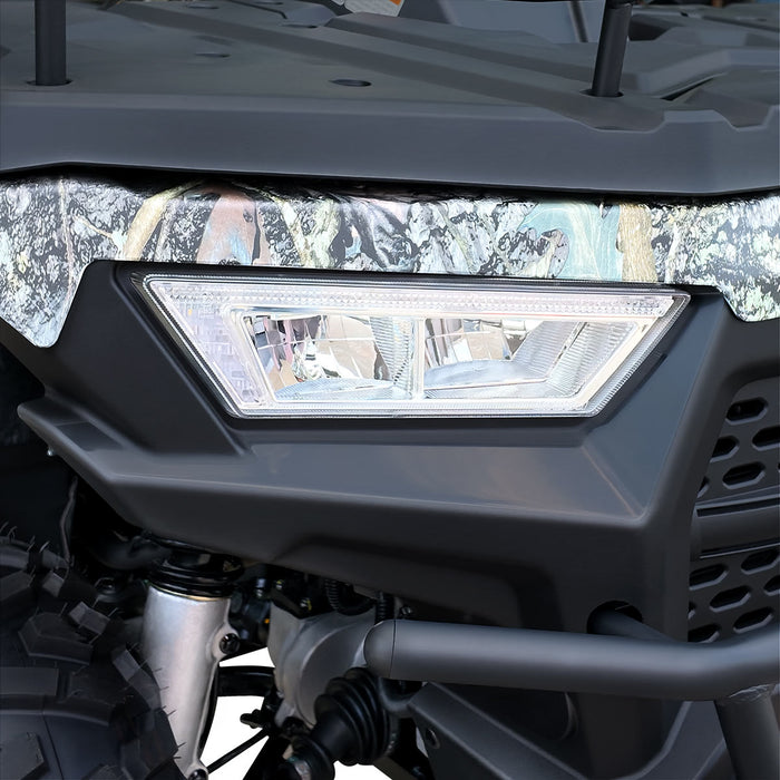 Front LED headlight assembly and camouflage shroud on ATV