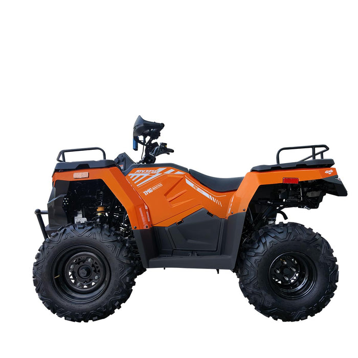 Right-side profile of orange TMG ATV showing racks and tires