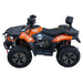 Side profile of orange TMG ATV with backrest, cargo racks.