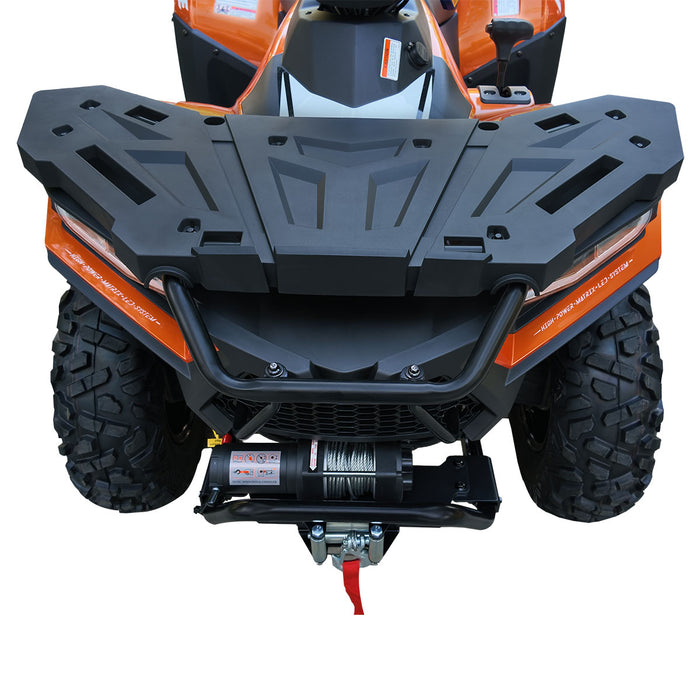 Front view highlighting front cargo rack and winch on ATV.