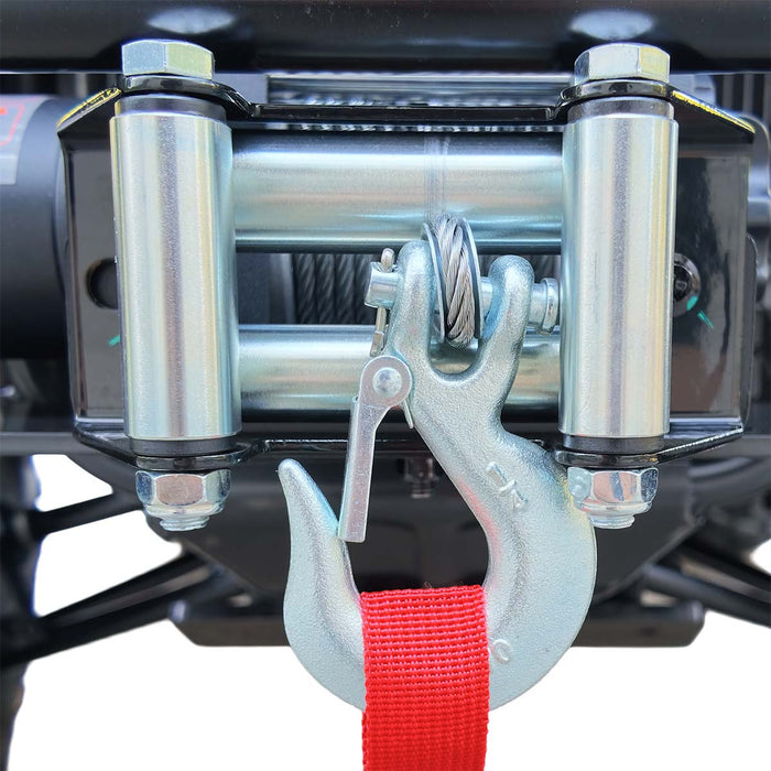 Close-up of front winch hook and roller fairlead on ATV.