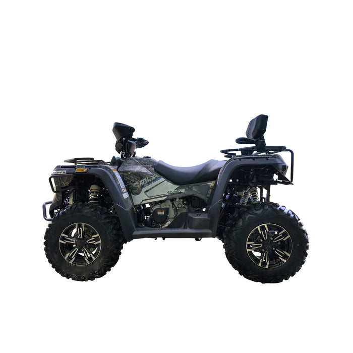 Right-side view of green camo-patterned ATV showing tires and racks.