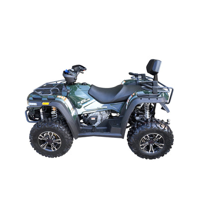Side profile of green 2-up seating ATV with rear backrest.