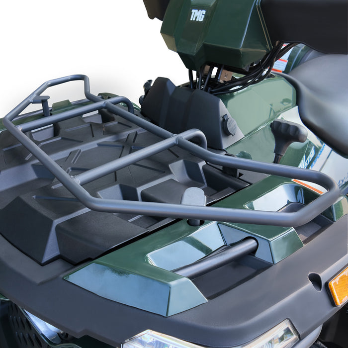 Front cargo rack and molded platform area on ATV.