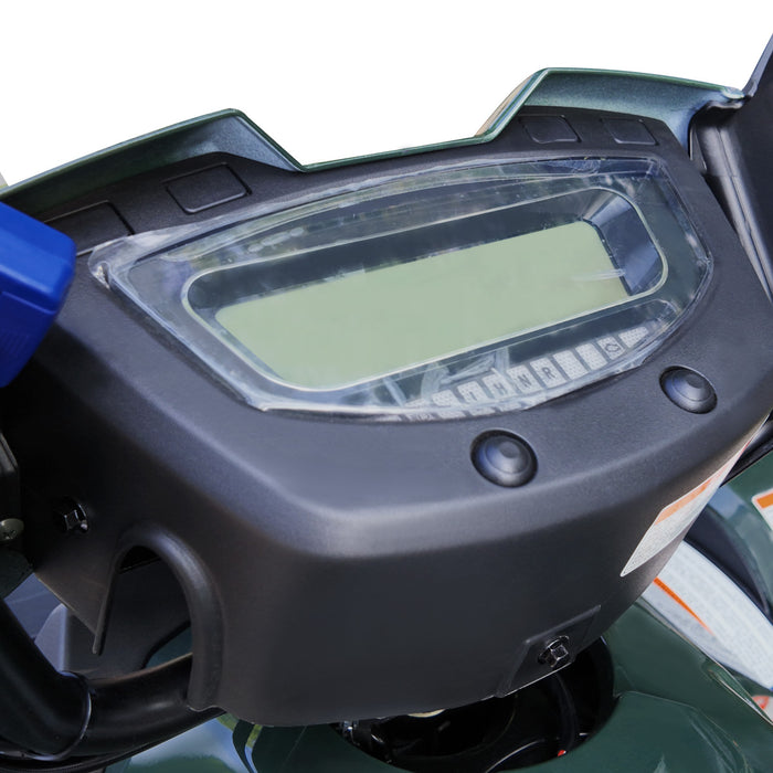 Close-up digital instrument cluster and dash on ATV.