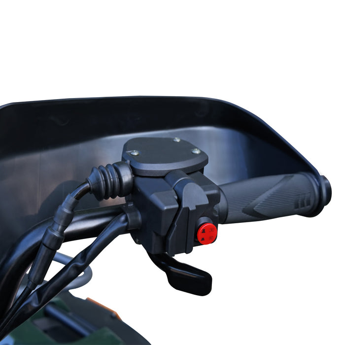 Throttle side handle and red kill switch detail on ATV.