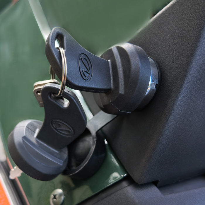 Keys inserted in ignition switch close-up on ATV.