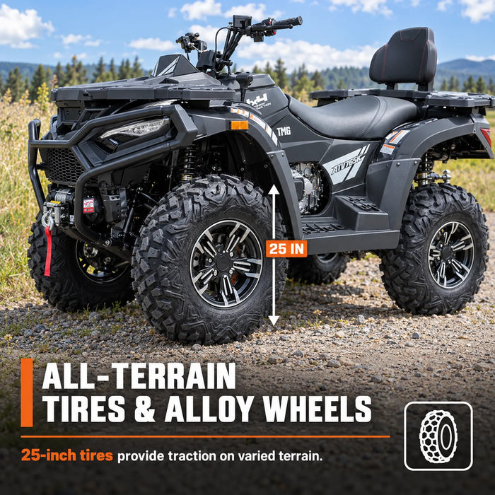 VTT 585cc avec 4x4 à la demande, direction assistée électrique (EPS), transmission CVTech, siège et dossier biplaces, différentiels verrouillables et attache-remorque TMG-ATV765