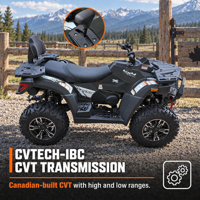 VTT 585cc avec 4x4 à la demande, direction assistée électrique (EPS), transmission CVTech, siège et dossier biplaces, différentiels verrouillables et attache-remorque TMG-ATV765