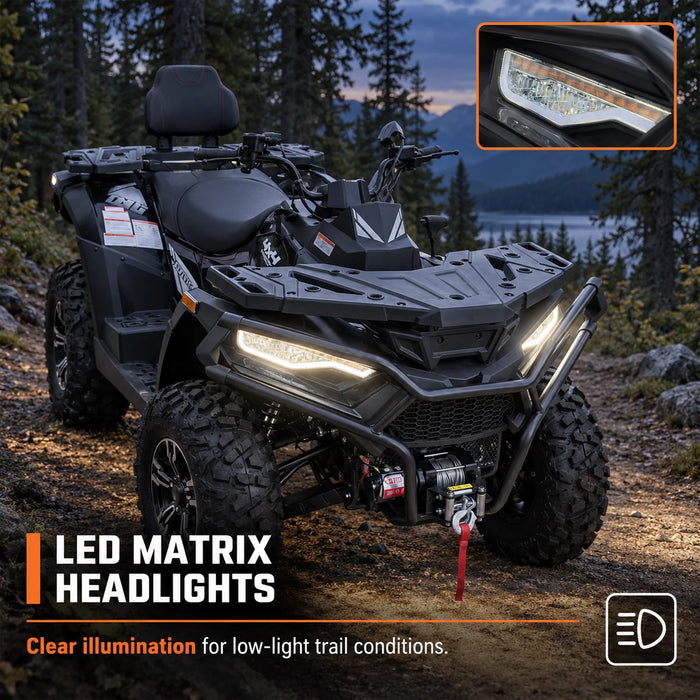 VTT 585cc avec 4x4 à la demande, direction assistée électrique (EPS), transmission CVTech, siège et dossier biplaces, différentiels verrouillables et attache-remorque TMG-ATV765