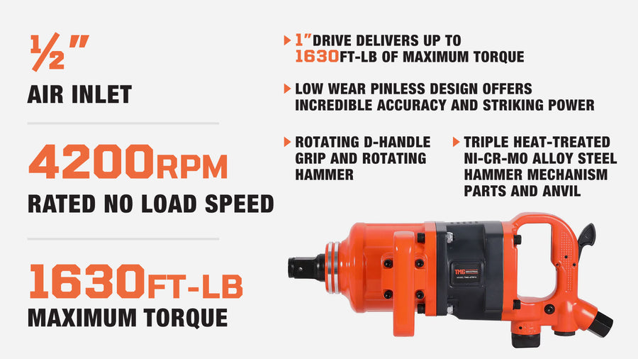 1" Drive 1630 ft-lb Pneumatic Impact Wrench Hammer, Aluminum Alloy Housing, 175 PSI, TMG-ATW16