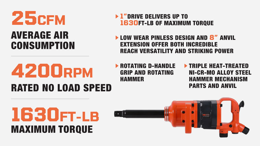1" Drive 1630 ft-lb Pneumatic Extended Impact Wrench Hammer, Aluminum Alloy Housing, 8" Anvil, 175 PSI, TMG-ATW16E