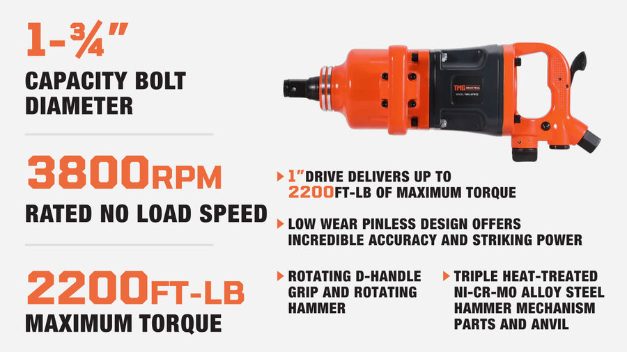 1" Drive 2200 ft-lb Pneumatic Impact Wrench Hammer, Aluminum Alloy Housing, 175 PSI, TMG-ATW22