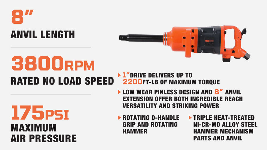 1" Drive 2200 ft-lb Pneumatic Extended Impact Wrench Hammer, Aluminum Alloy Housing, 8" Anvil, 175 PSI, TMG-ATW22E (Discontinued – No Longer Available)