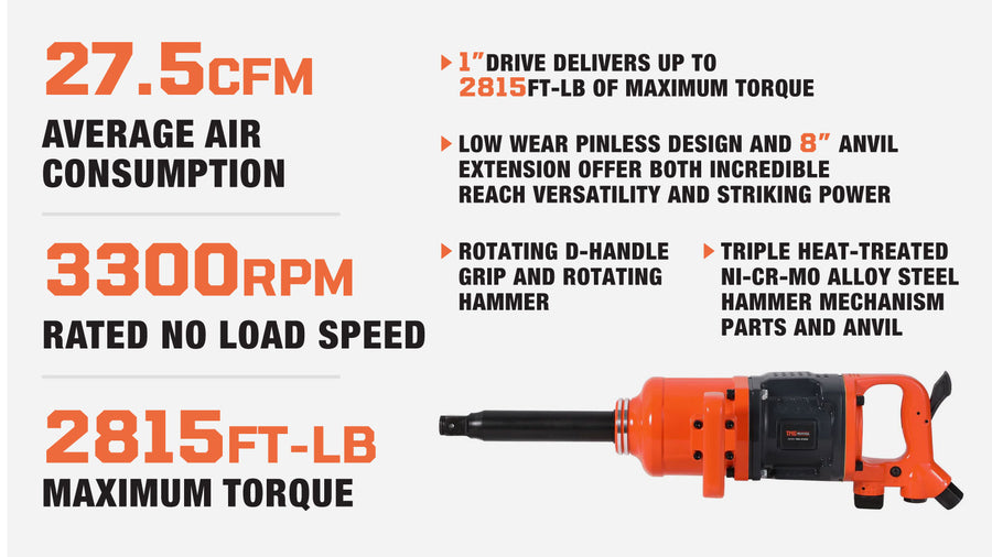 1" Drive 2815 ft-lb Pneumatic Extended Impact Wrench Hammer, Aluminum Alloy Housing, 8" Anvil, 175 PSI, TMG-ATW28(Discontinued, No Longer Available)
