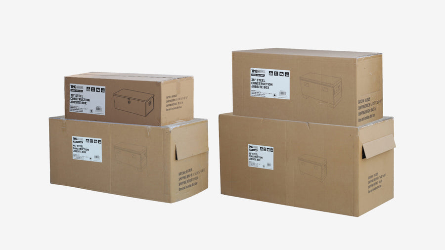 Construction Job Site Steel Storage Boxes, Set of 4, 30”-36"-45"-60”, Forklift Channels, Built-in Handles, (Discontinued – No Longer Available) TMG-CJB60/45/36/30