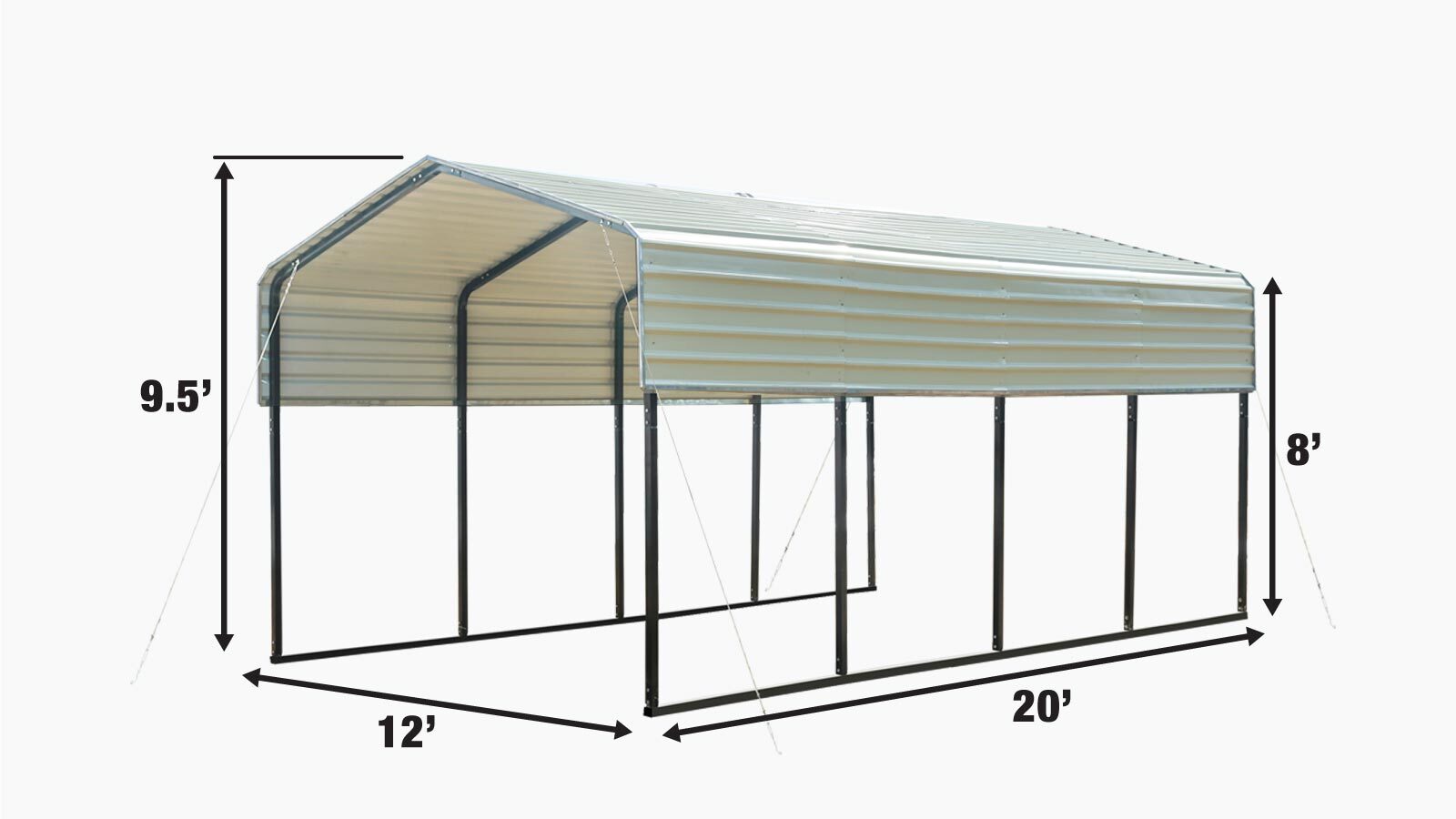 TMG Industrial 12' x 20' Carport tout en acier avec parois latérales ouvertes, toit galvanisé, revêtement en poudre, revêtement de peinture polyester, câbles de stabilisation, TMG-CP1220-specifications-image