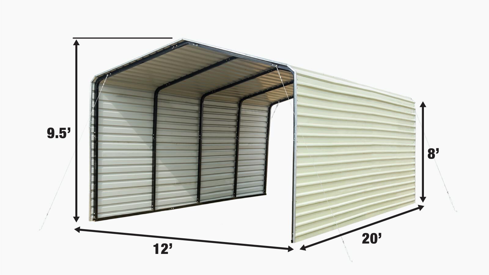TMG Industrial 12' x 20' Carport tout en acier avec parois latérales fermées, toit galvanisé, cadre enduit de poudre, revêtement de peinture polyester, câbles de stabilisation, TMG-CP1220F-specifications-image