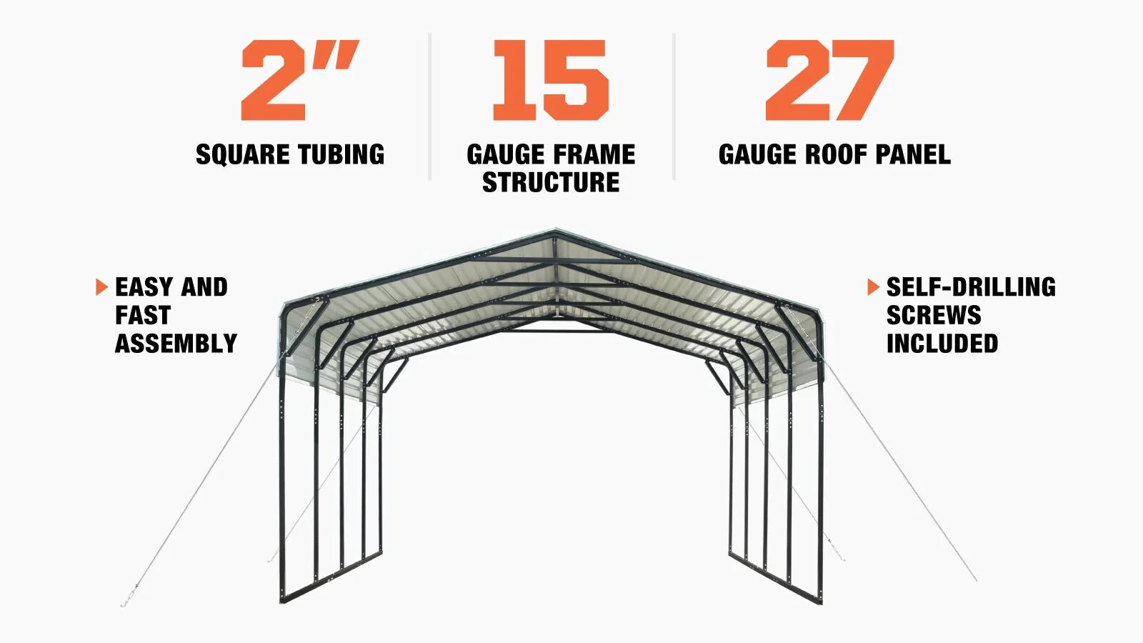 TMG Industrial 20’ x 20’ All-Steel Carport w/10’ Open Sidewalls, Galvanized Roof, Powder Coated, Polyester Paint Coating, Stabilizing Cables, TMG-CP2020 (Not available for online purchase)-description-image