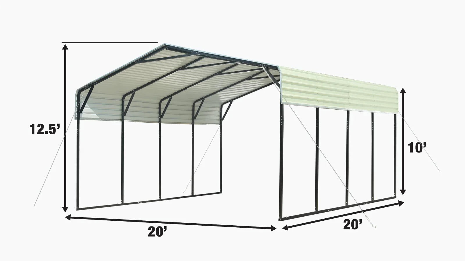 TMG Industrial 20' x 20' Carport tout en acier avec parois latérales ouvertes de 10', toit galvanisé, revêtement en poudre, revêtement de peinture polyester, câbles de stabilisation, TMG-CP2020-specifications-image