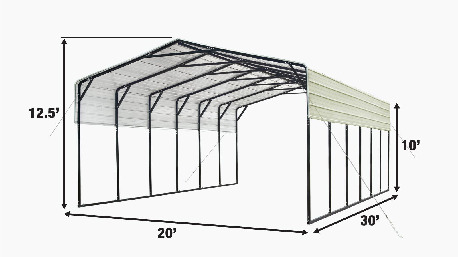 TMG Industrial 20' x 30' Carport tout en acier avec parois latérales ouvertes de 10', toit galvanisé, revêtement en poudre, revêtement de peinture polyester, câbles de stabilisation, TMG-CP2030-specifications-image