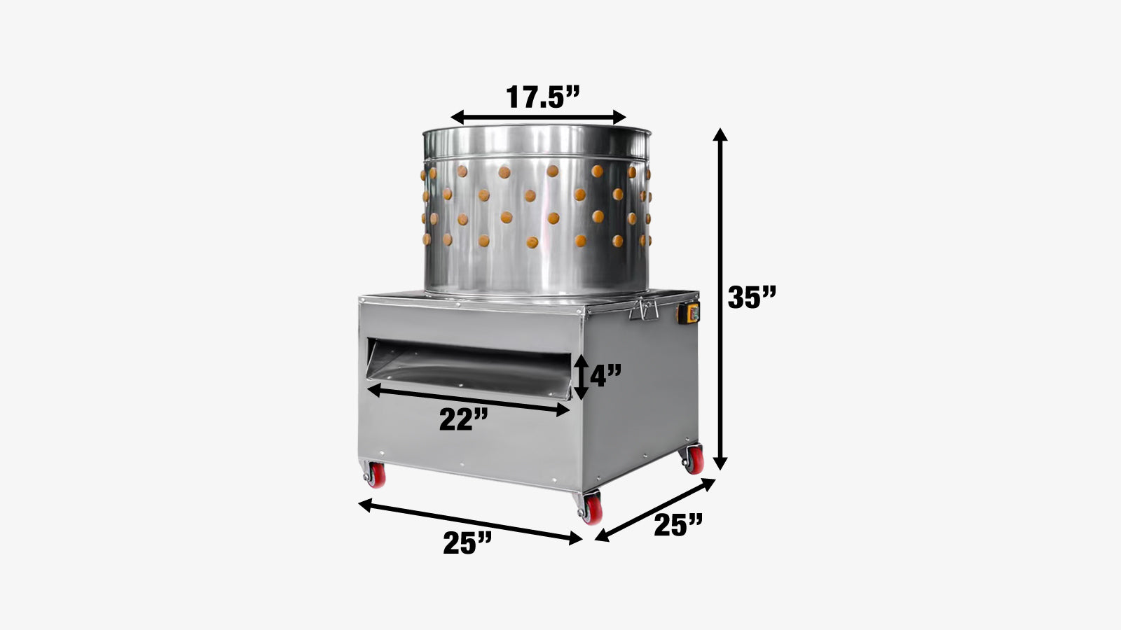 TMG Industrial 23” Chicken Plucking Machine, Stainless Steel Drum, Caster Wheels, Feather Discharge Chute, TMG-CP23-specifications-image