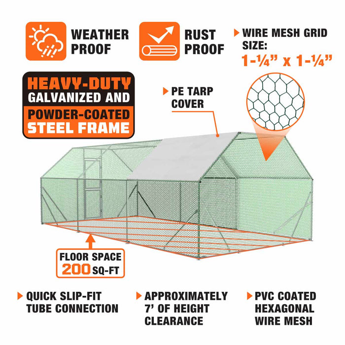 TMG Industrial 10’ x 20’ Wire Mesh Chicken Run Shelter Coop, Galvanized Steel, 200 Sq-Ft, Lockable Gate, PVC Coated Mesh, TMG-CRS1020