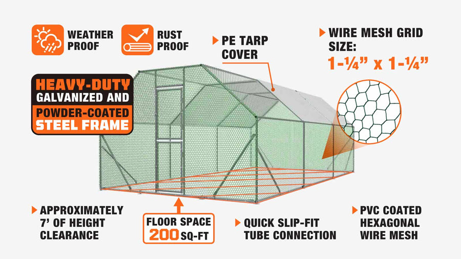 Large Chicken Coop Run Shelter, 10' x 20', Lockable Gate, 200 Sq. Ft, TMG-CRS1020