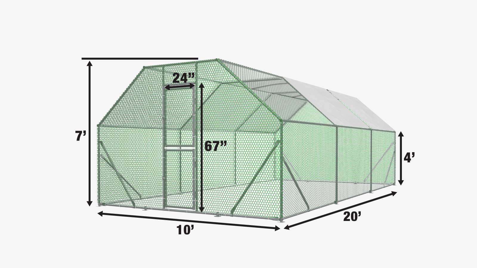 TMG Industrial 10' x 20' Wire Mesh Chicken Run Shelter Coop, Acier galvanisé, 200 Sq-Ft, Verrouillable Gate, PVC Coated Mesh, TMG-CRS1020-specifications-image