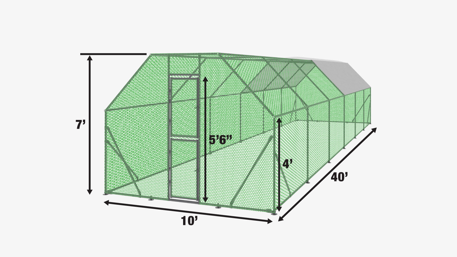 TMG Industrial 10' x 40' Wire Mesh Chicken Run Shelter Coop, Acier Galvanisé, 400 Sq-Ft, Verrouillable Gate, PVC Coated Mesh, TMG-CRS1040-specifications-image