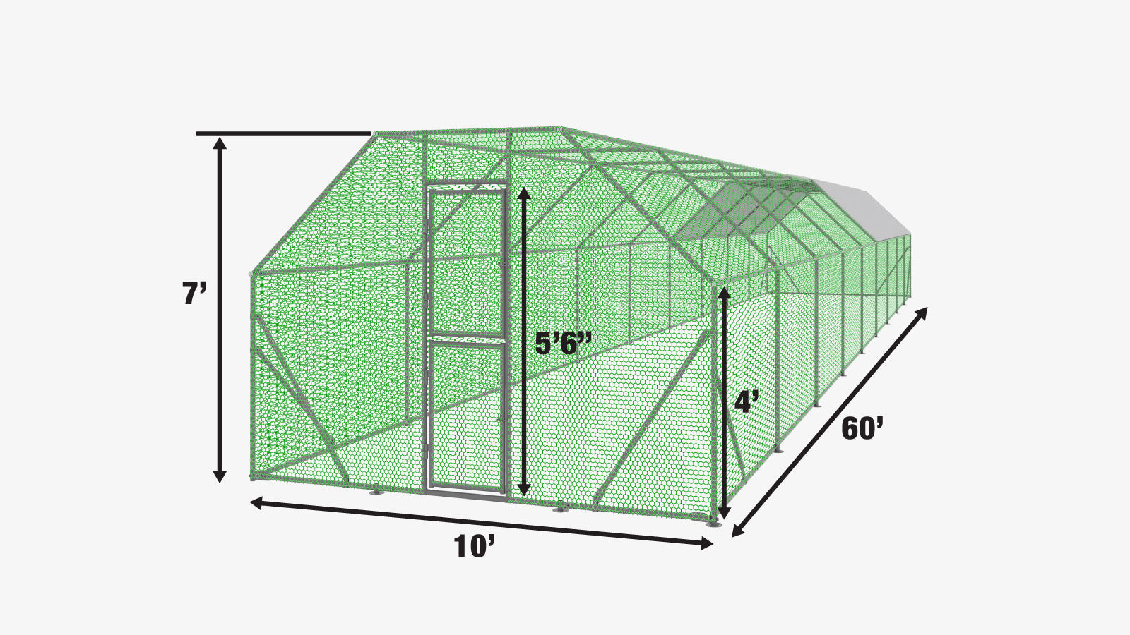TMG Industrial 10' x 60' Wire Mesh Chicken Run Shelter Coop, Acier Galvanisé, 600 Sq-Ft, Verrouillable Gate, PVC Coated Mesh, TMG-CRS1060-specifications-image
