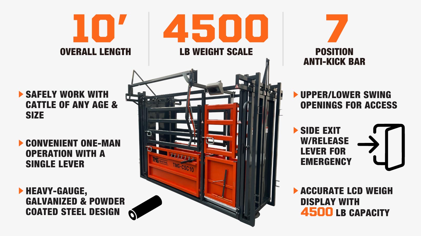 TMG Industrial 10’ Cattle Work Chute 4500-lb Weight Scale, Side Exit, Upper/Lower Swing Openings, LCD Weight Display, TMG-CSC10-description-image