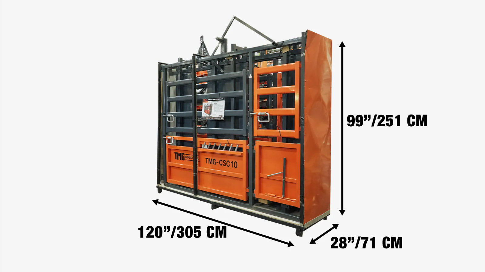 TMG Industrial 10' Cattle Work Chute Balance de poids de 4500 lb, sortie latérale, ouvertures pivotantes supérieures/inférieures, affichage LCD du poids, TMG-CSC10-shipping-info-image