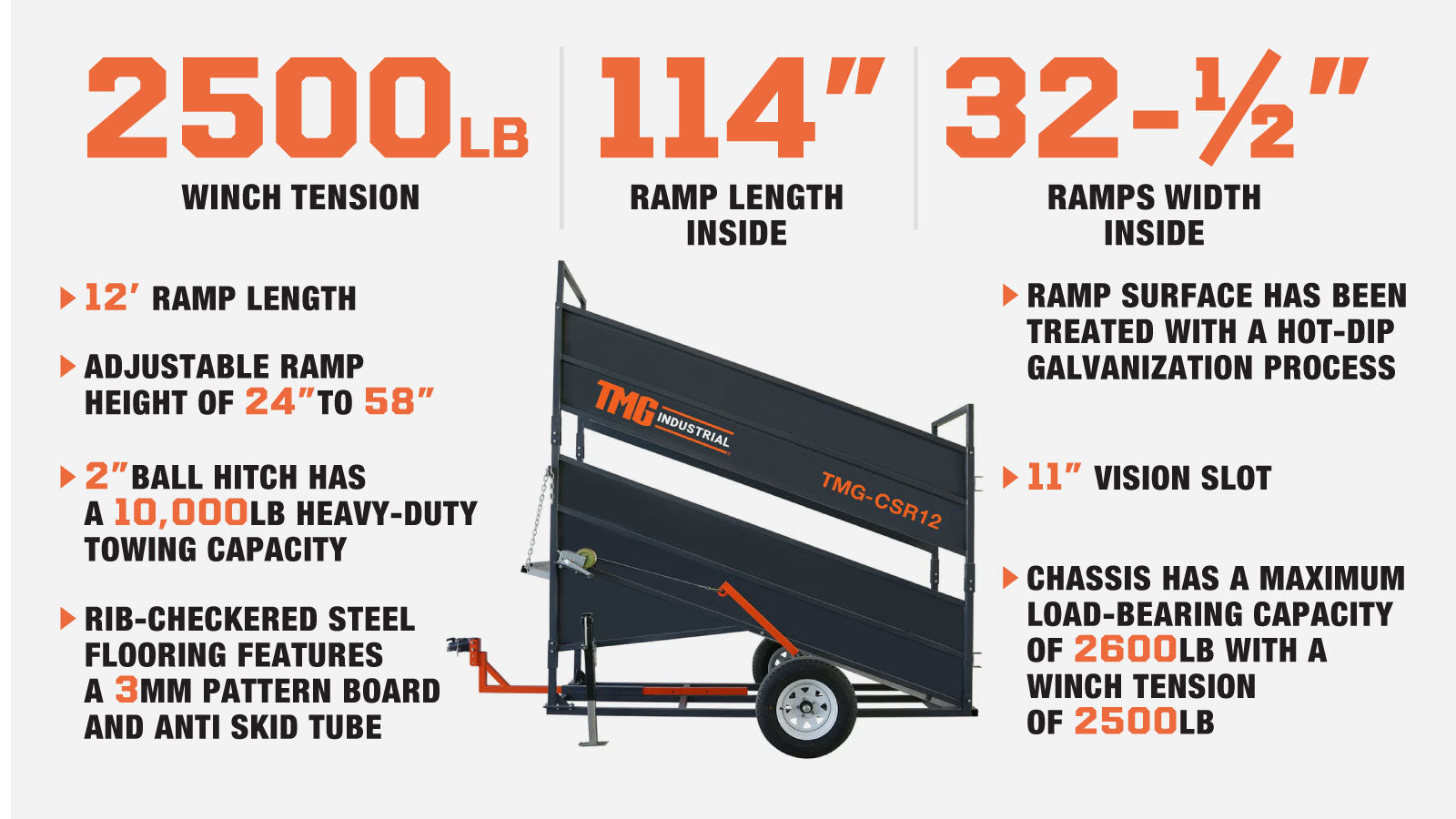 TMG Industrial 12’ Portable Cattle Loading Ramp, 2600-lb Chassis Capacity, 10,000 lb Hitch Capacity, Rib-Checkered Floor, TMG-CSR12-description-image