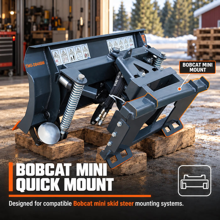 48" Mini Skid Steer Dozer Blade / Snow Pusher, 30° Left & Right, Bolt-On Cutting Edge, Bobcat Mini Quick Mount, TMG-DB48BM