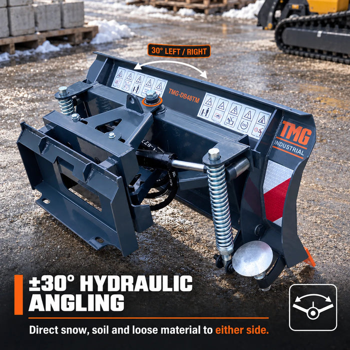 48" Mini Skid Steer Dozer Blade / Snow Pusher, 30° Left & Right, Bolt-On Cutting Edge, Toro-Style Mount, TMG-DB48TM